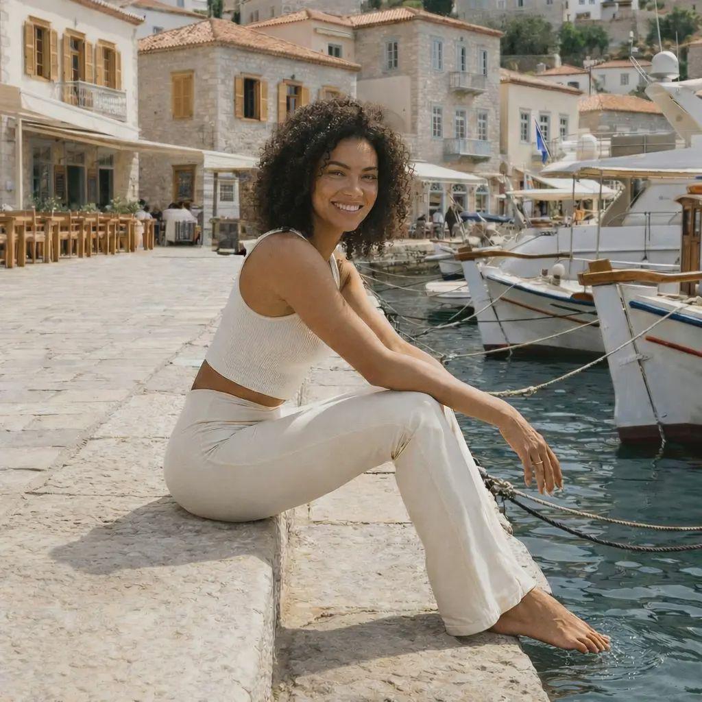 Une jeune femme pose avec élégance dans un port méditerranéen, vêtue d'un ensemble de détente comprenant un legging évasé et un top côtelé blanc cassé. Le décor en arrière-plan présente des maisons traditionnelles en pierre et des bateaux de plaisance amarrés, créant une atmosphère estivale et chic.