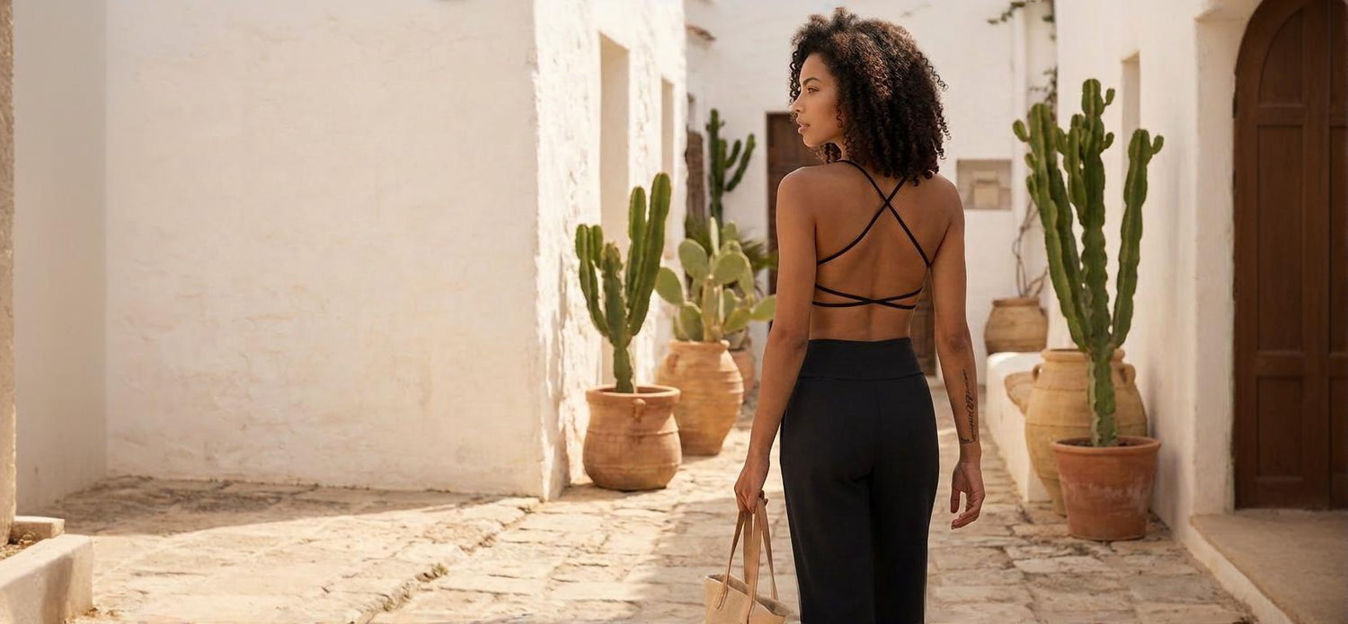Une femme marche de dos dans une ruelle aux murs blancs et sol en pierre, portant une brassière de sport noire minimaliste avec un design croisé complexe dans le dos. Le décor est agrémenté de grands cactus dans des pots en terre cuite, évoquant une atmosphère de bien-être et de voyage.