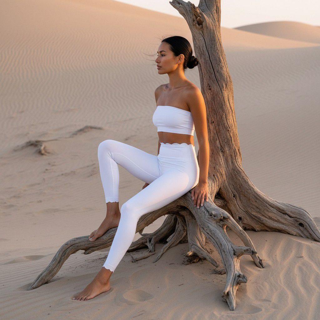 Cette image présente une femme posant sereinement dans un paysage de dunes de sable doré, assise sur les racines exposées d'un arbre mort. Elle porte un ensemble de yoga blanc minimaliste comprenant un legging taille haute aux finitions festonnées et un haut bandeau assorti, illustrant une esthétique de mode sportive haut de gamme dans un environnement naturel pur.