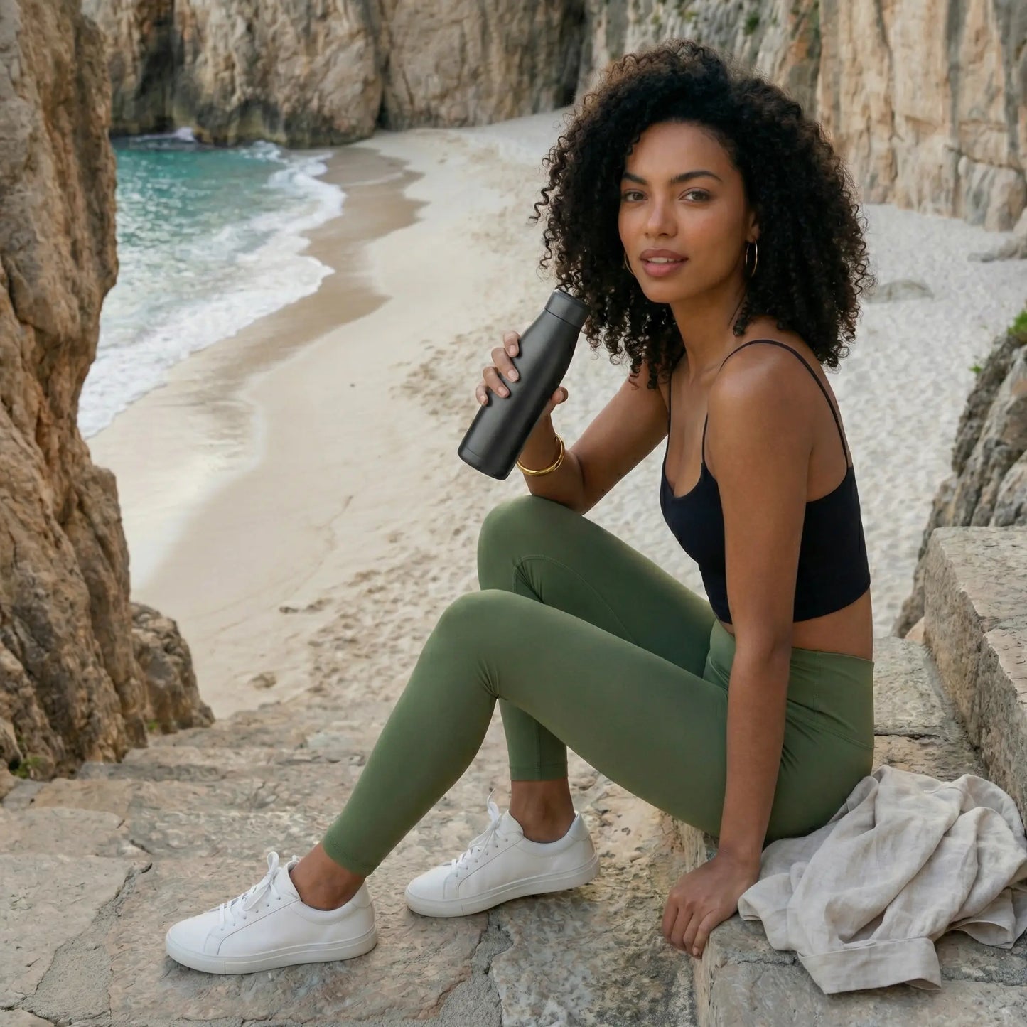 Une jeune femme aux cheveux bouclés se repose sur un escalier de pierre surplombant une plage isolée entre des falaises. Elle porte une tenue de sport élégante composée d'un legging kaki et d'une brassière noire, tout en tenant une gourde minimaliste.