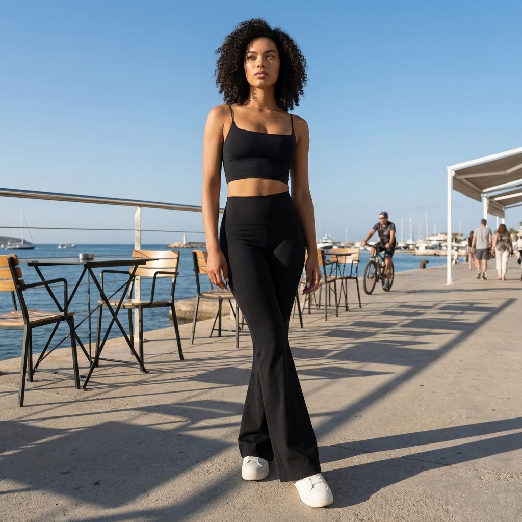 Une femme aux cheveux bouclés pose de face sur une jetée ensoleillée, vêtue d'un ensemble de sport noir comprenant un legging évasé et une brassière à fines bretelles. L'arrière-plan montre un port avec des bateaux, des tables de café et des passants sous un ciel bleu clair.