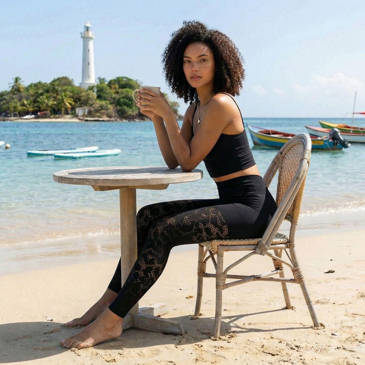 Une jeune femme aux cheveux frisés porte un ensemble de sport noir composé d'une brassière et d'un legging galbant aux motifs découpés au laser. Elle est assise à une table de café rustique sur le sable, face à une mer turquoise avec un phare blanc sur une île au loin.