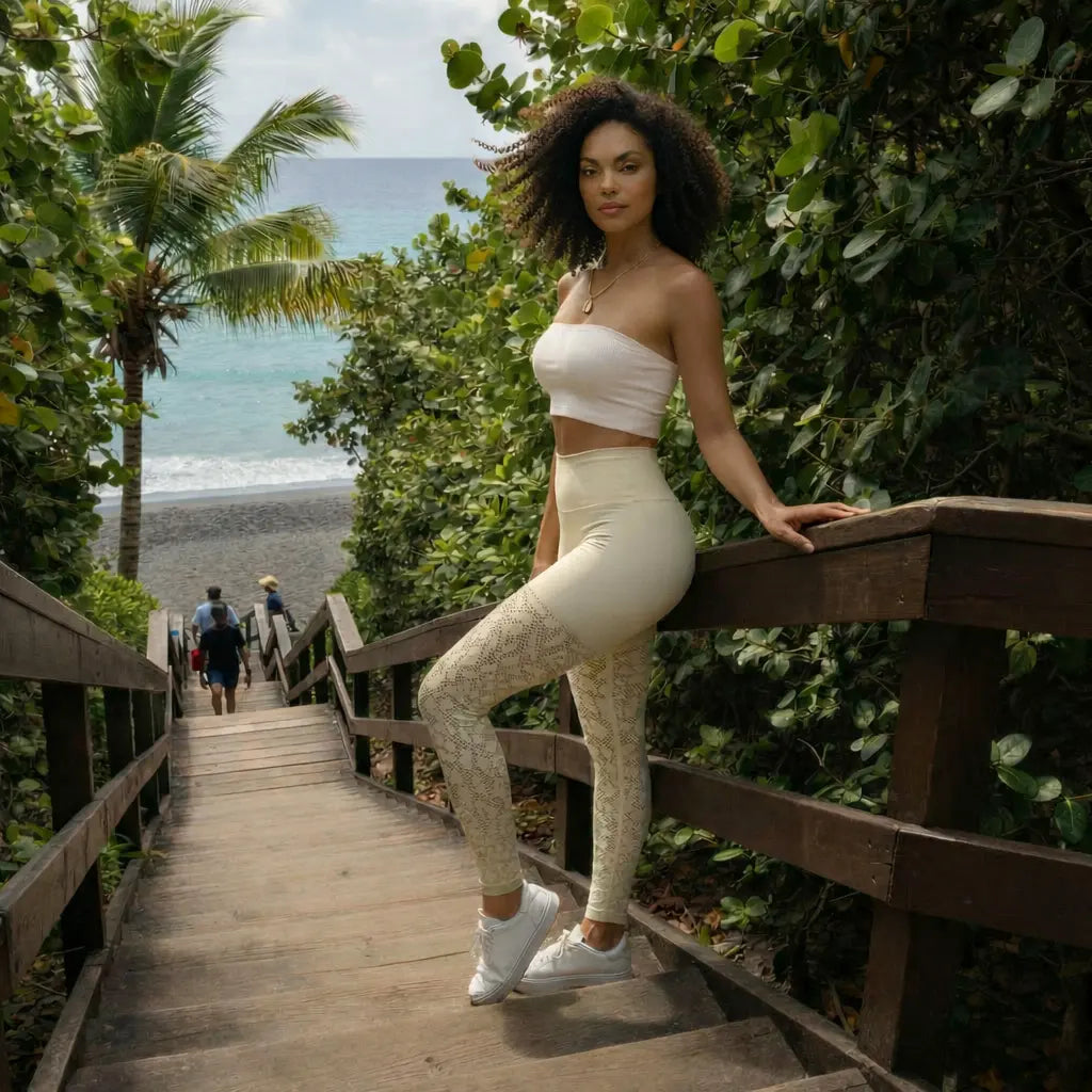 Une jeune femme à la chevelure bouclée pose sur un escalier en bois descendant vers une plage de sable noir. Elle porte le legging galbant Kaia de couleur crème, caractérisé par ses motifs texturés, associé à un crop top blanc et des baskets assorties dans un cadre tropical luxuriant.