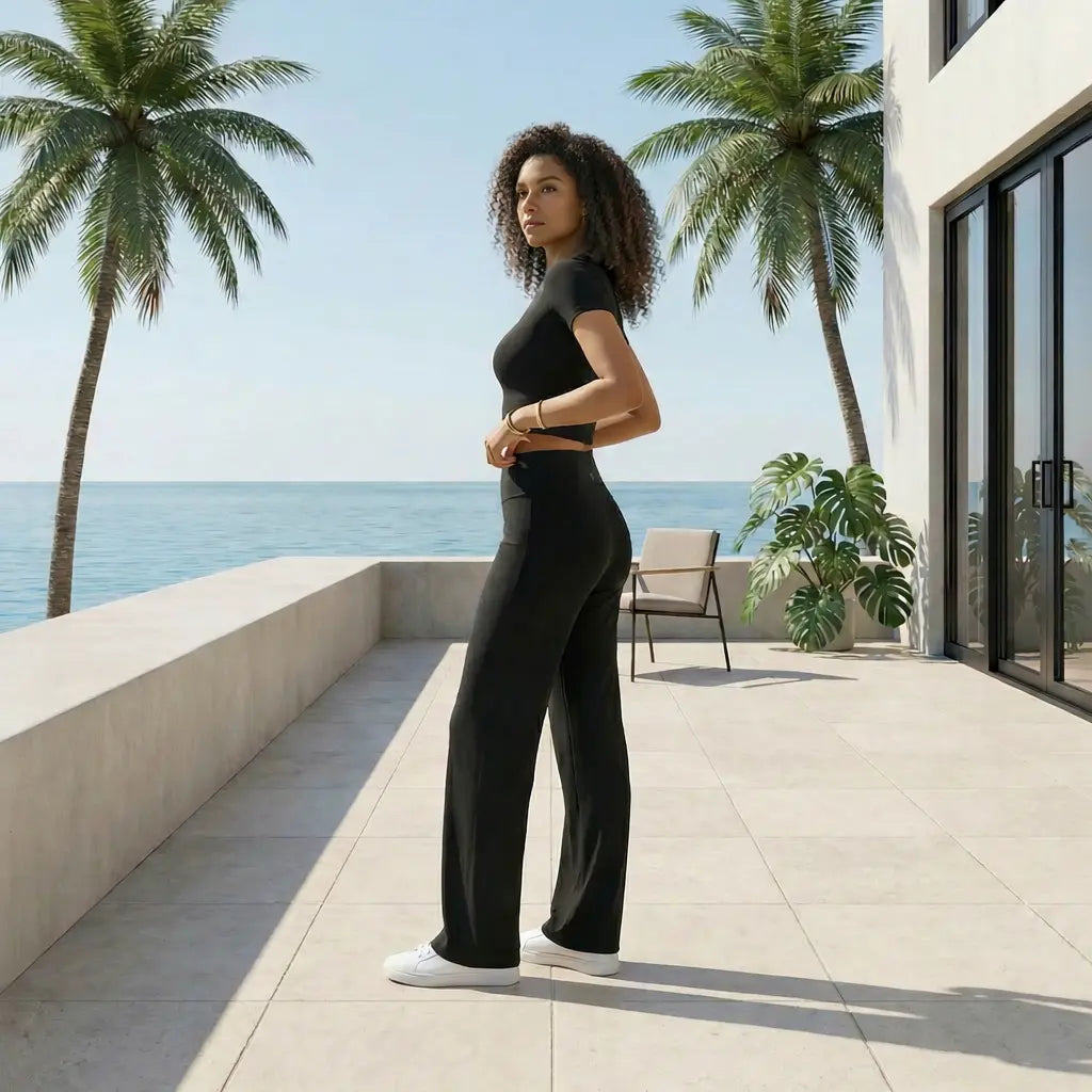 Une femme aux cheveux bouclés pose de profil sur une terrasse luxueuse, vêtue d'un ensemble de sport noir comprenant un t-shirt court et un legging évasé. L'arrière-plan montre une architecture blanche minimaliste, des palmiers et une vue imprenable sur l'océan bleu sous un ciel clair.