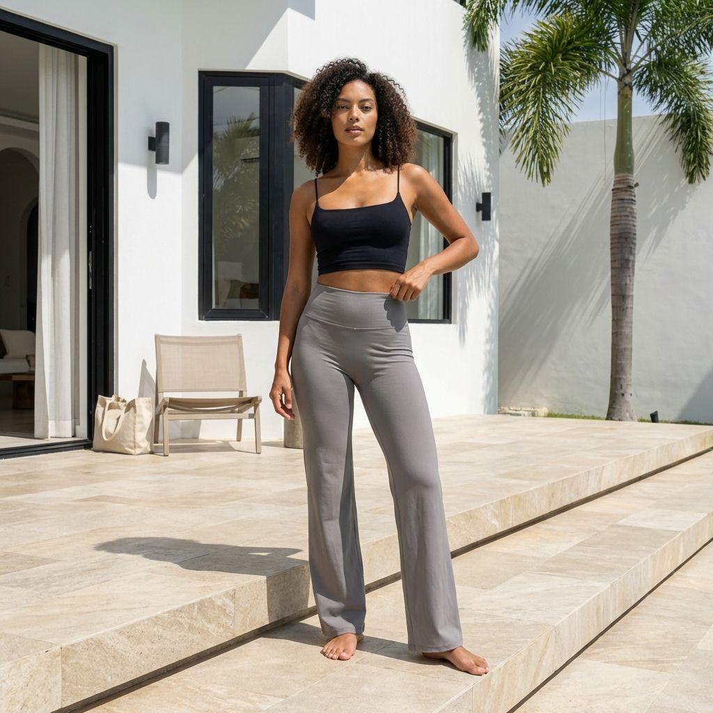 Une femme aux cheveux bouclés pose en extérieur, vêtue d'un legging évasé de sport gris anthracite et d'un haut court noir à fines bretelles. Elle se tient sur une terrasse en pierre claire devant une villa blanche contemporaine, illustrant le confort et l'esthétique du legging ultra doux Fyness.